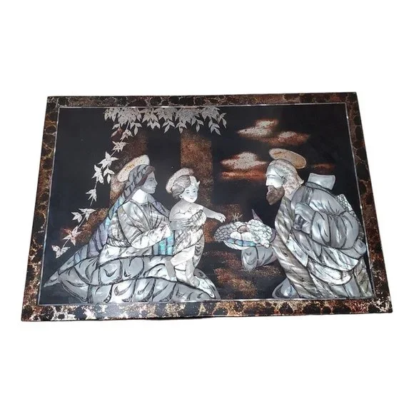 Vintage Religious Jesus Mary & Joseph Mother of Pearl Inlay Wood Wall Art Vtg